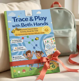 The Trace & Play with Both Hands book tied with a coral ribbon, leaning against a small backpack