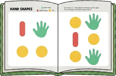 Open book, Hand Shapes activity: rows of symbols — red bars, yellow circles and green open hands — to copy with the left and right hand